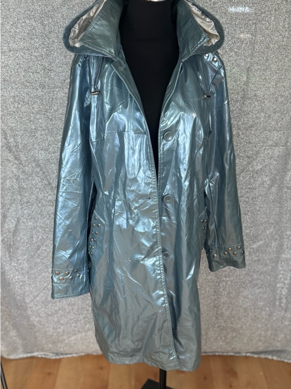 Vintage dennis basso Metallic Teal Hooded Trench Coat